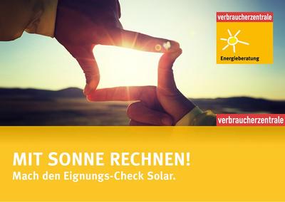 Plakat mit Sonnenfoto zum Eignungscheck Solar der Verbraucherzentrale. 